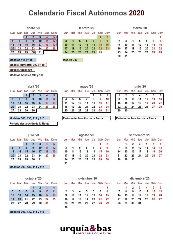 Calendario fiscal autónomos 2020