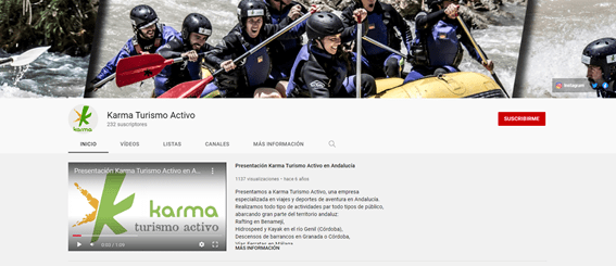página principal cuenta Youtube de Karma Turismo Activo